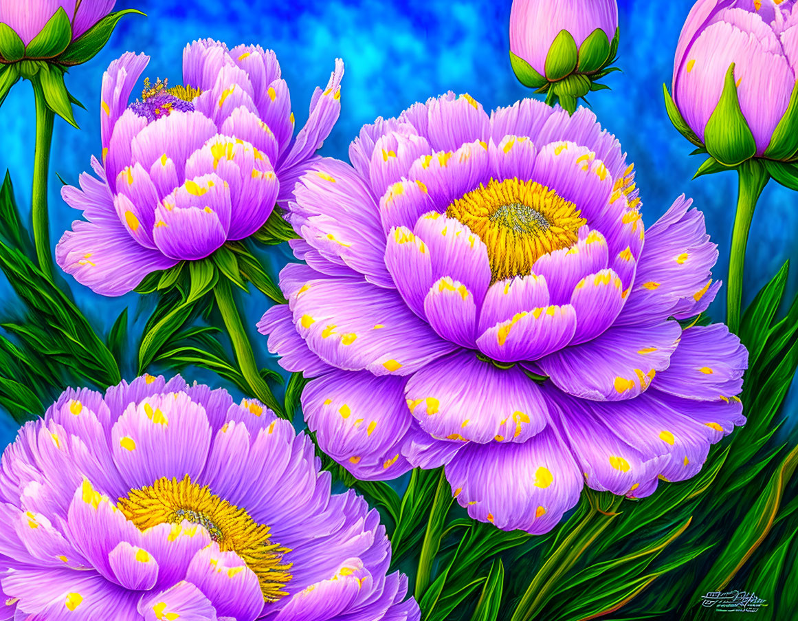 Colorful digital artwork featuring purple peonies on blue background