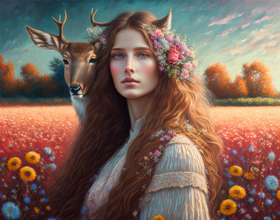 Woman with auburn hair and deer in vibrant field with autumn forest background