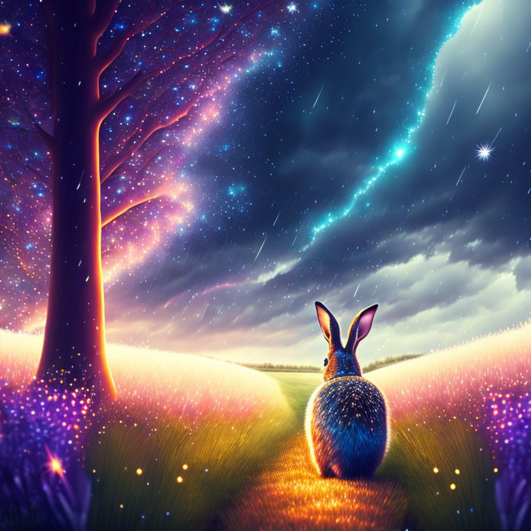 Rabbit admires starry sky in magical landscape with glowing tree