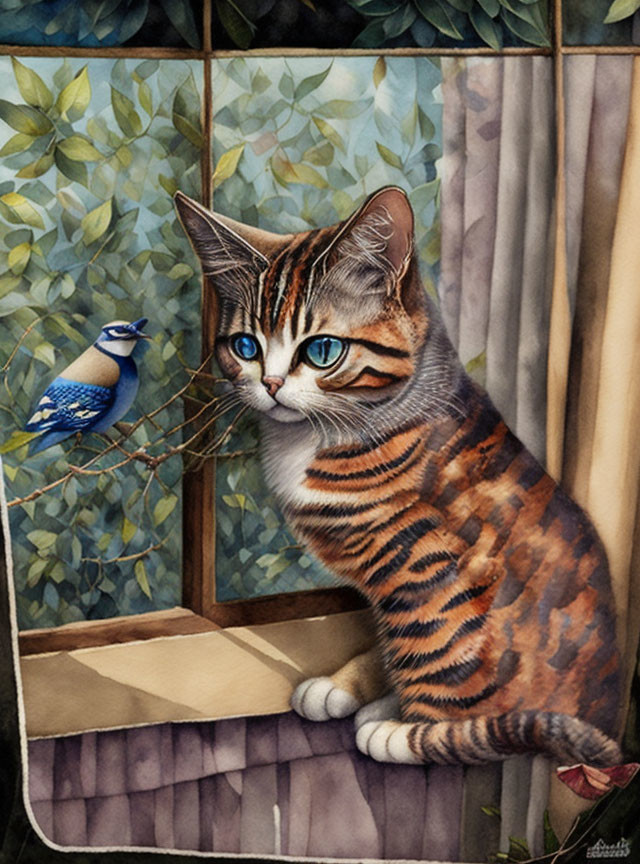 Striped cat with blue eyes observing bluebird through window.