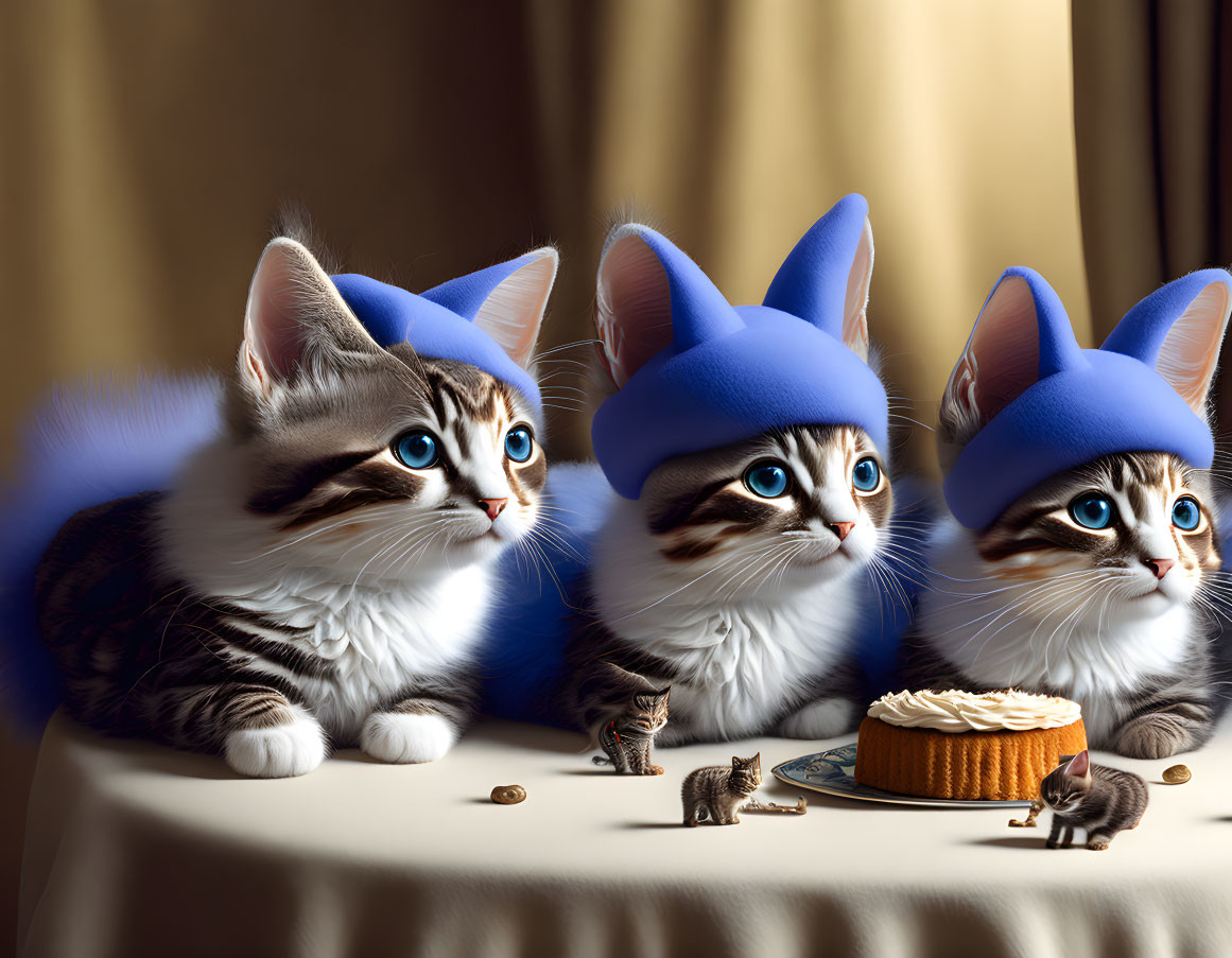 Three Kittens with Blue Hats Beside Cream Pie and Miniature Figures