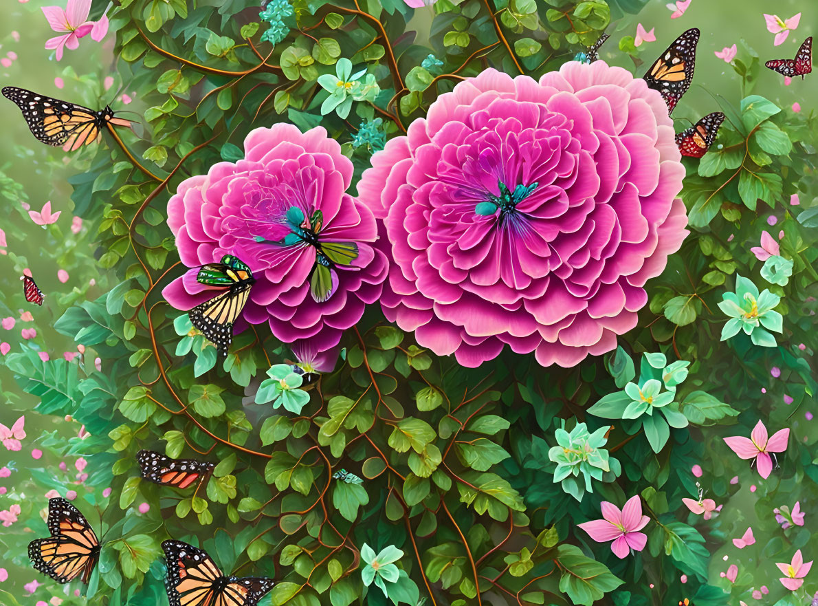 Colorful Botanical Illustration with Pink Flowers and Butterflies