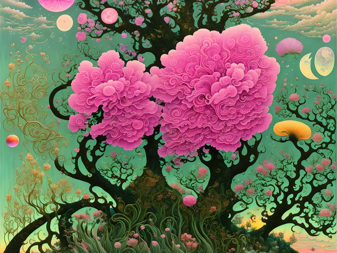 Surreal landscape with lush pink blossoms and pastel planets.