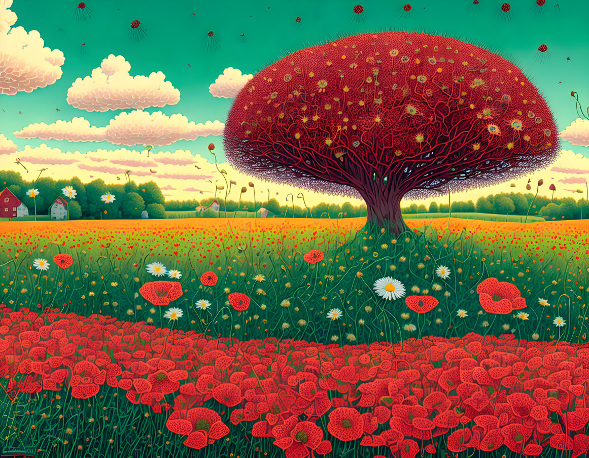 Colorful whimsical landscape with oversized red tree and flowers, white daisies, house, and