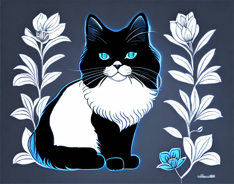 Stylized black and white cat with blue outlines among plants on dark background