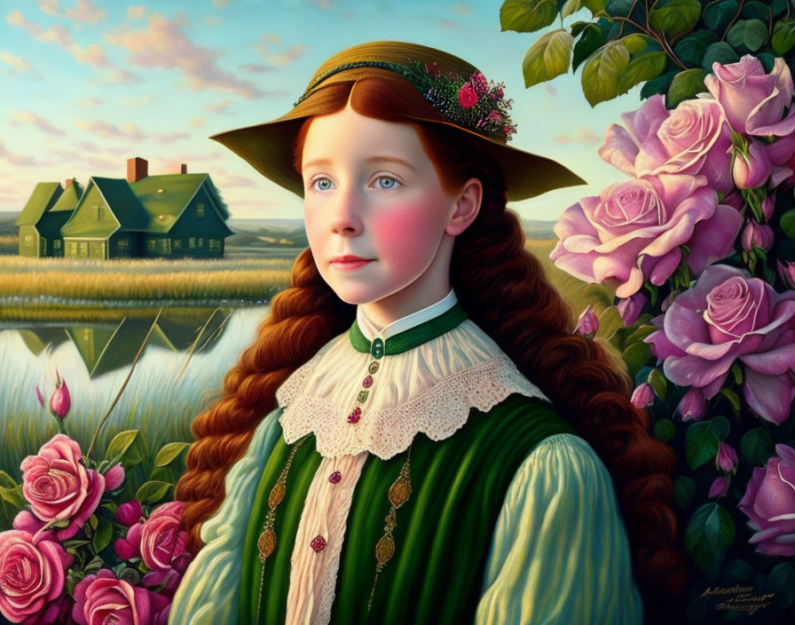 Digital painting of young girl in Victorian dress near roses & farmhouse