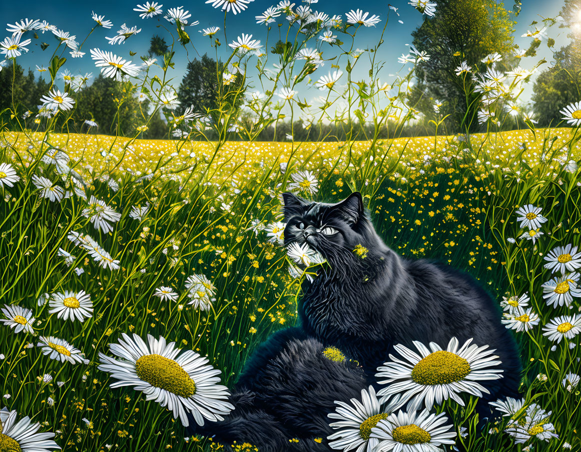 Black Cat with Yellow Eyes in Field of Daisies and Trees