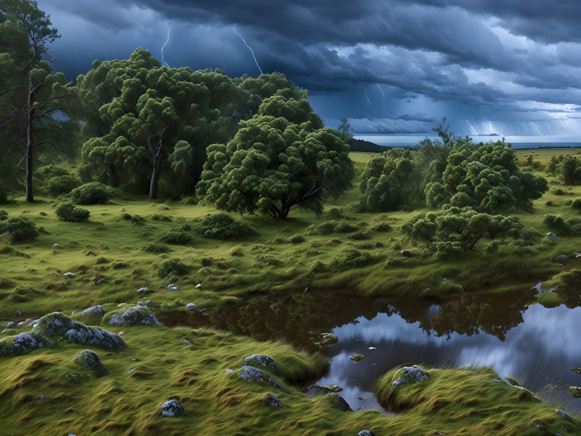 Stormy Sky Over Lush Green Landscape with Trees and Rocks