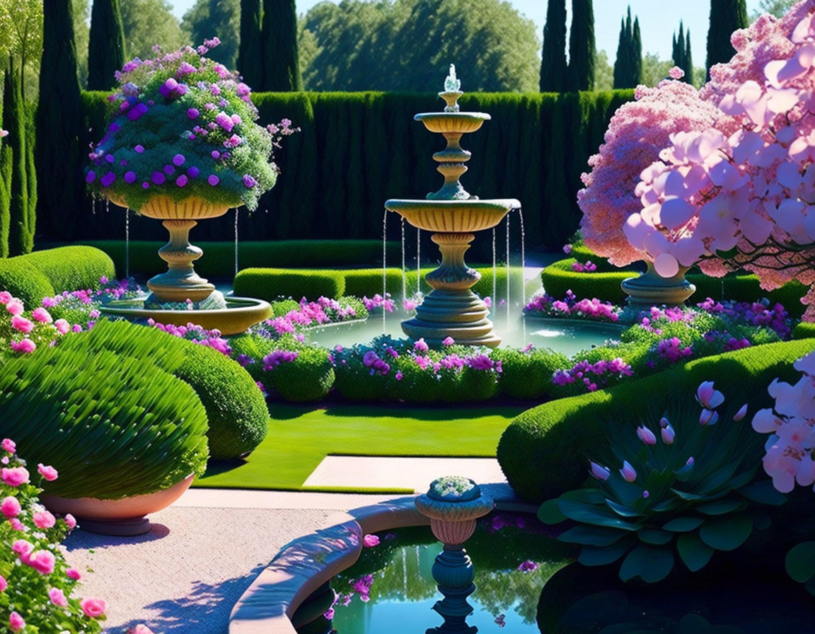 Lush garden with trimmed hedges, pink blossoms, and central fountain