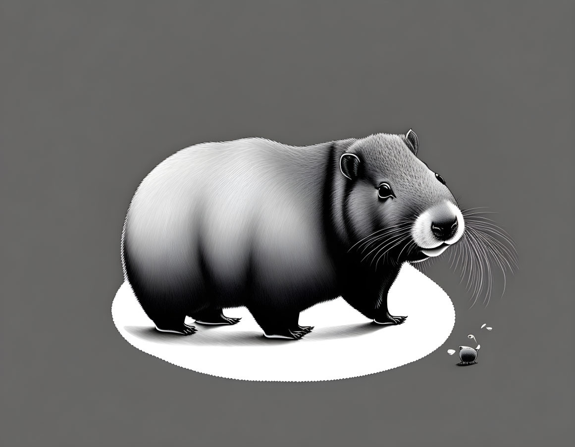 Stylized oversized rodent with small shadow on grey background