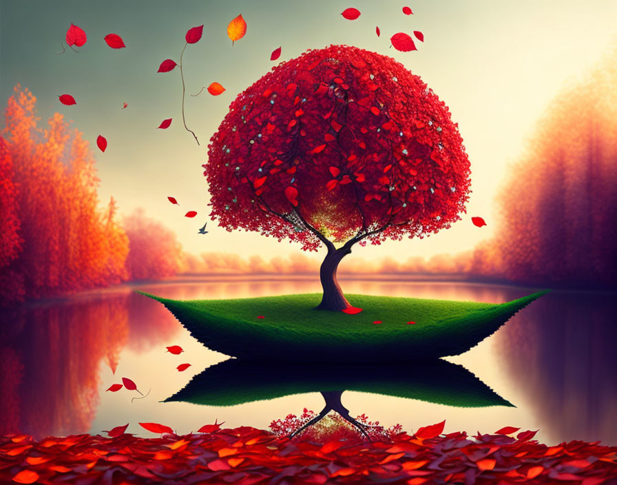 Digital artwork of lush red-leaved tree on floating island in surreal autumnal forest