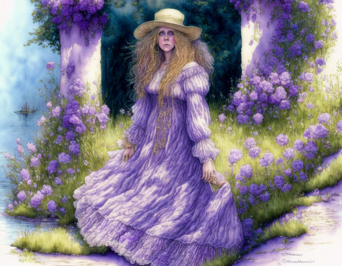 Woman in purple dress and hat near lilac bushes by lake with boat