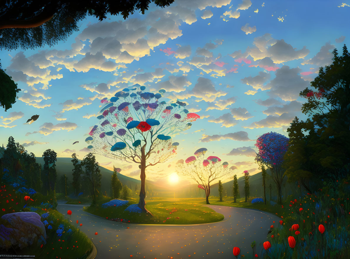 Colorful Umbrella-Shaped Trees in Whimsical Sunrise Landscape