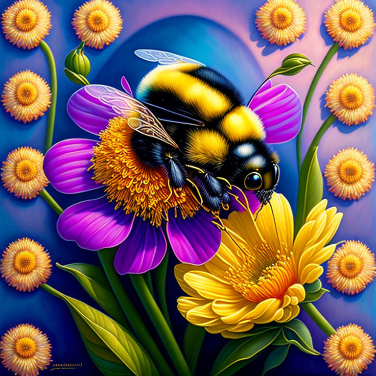 Colorful Bumblebee on Purple and Yellow Flowers with Blue Background