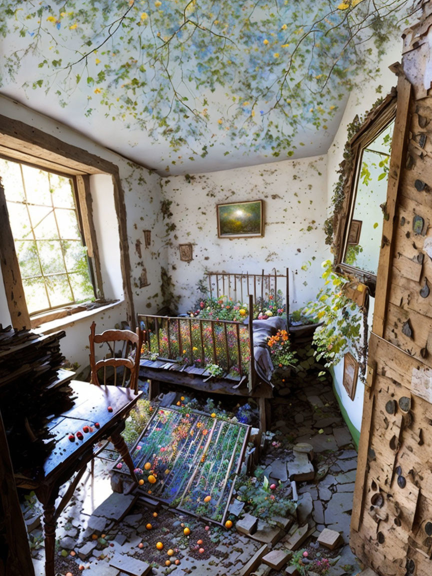 Rustic room with floral canopy ceiling and antique furniture