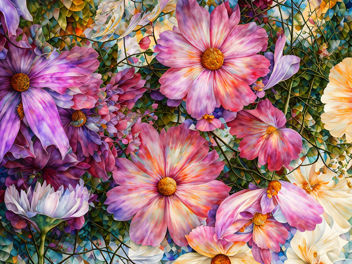 Multicolored Flowers with Overlapping Petals on Green Foliage