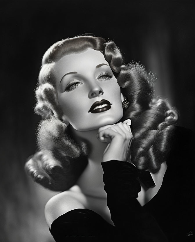 Vintage Black and White Portrait of Woman with Elegant Wavy Hair and Classic Makeup Pose