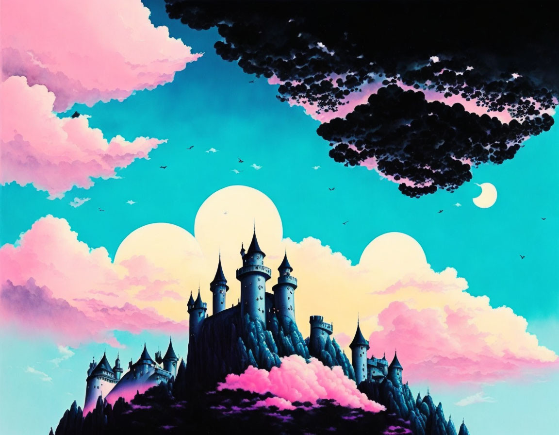 Fantasy castle with spires under vibrant sky and multiple moons or suns