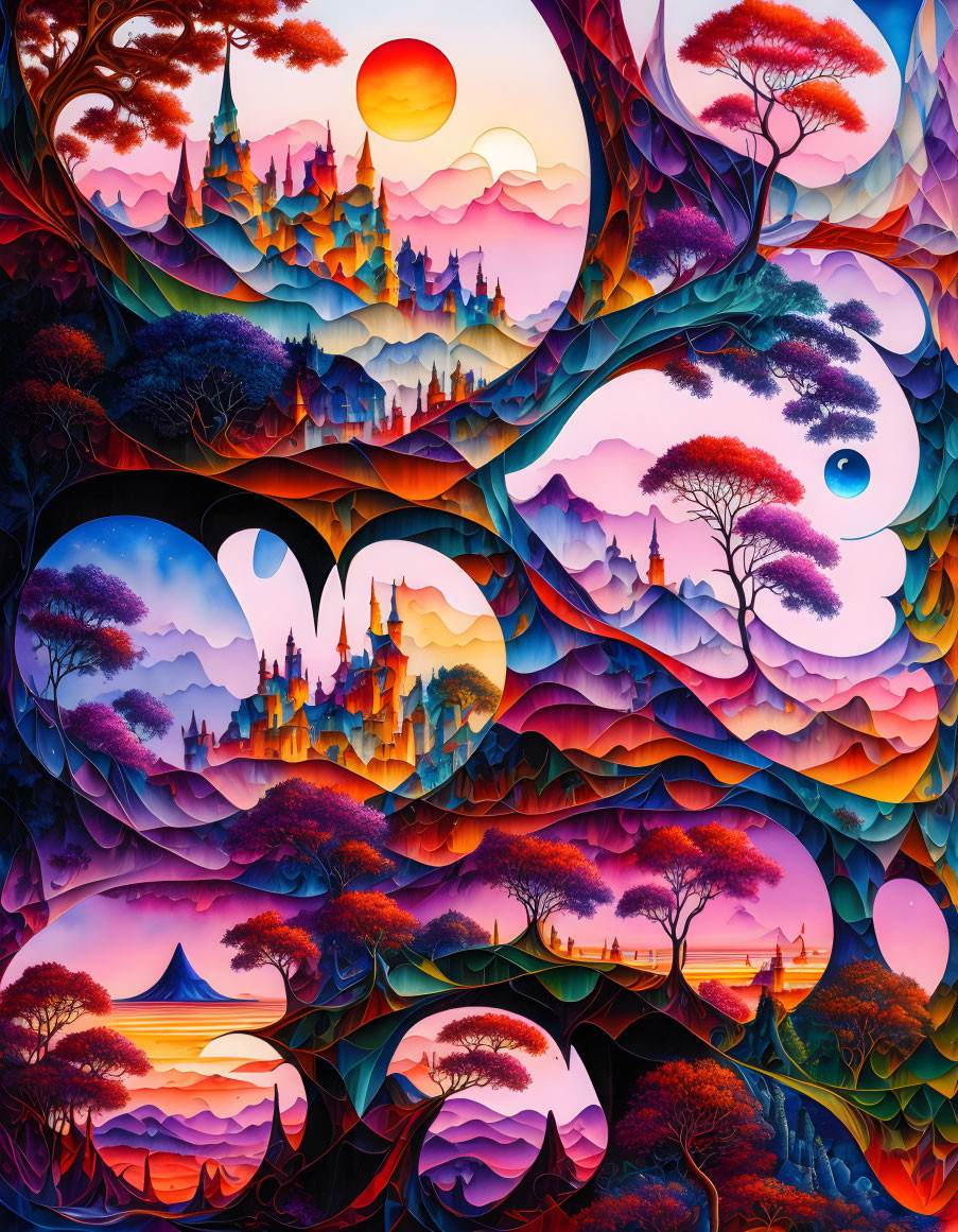 Fantasy landscape with hills, castles, trees, and celestial bodies