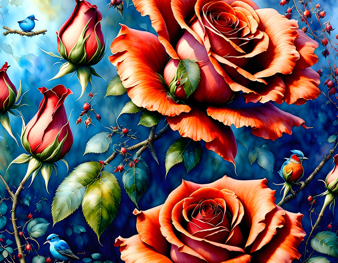 Assorted roses and blue birds in digital artwork