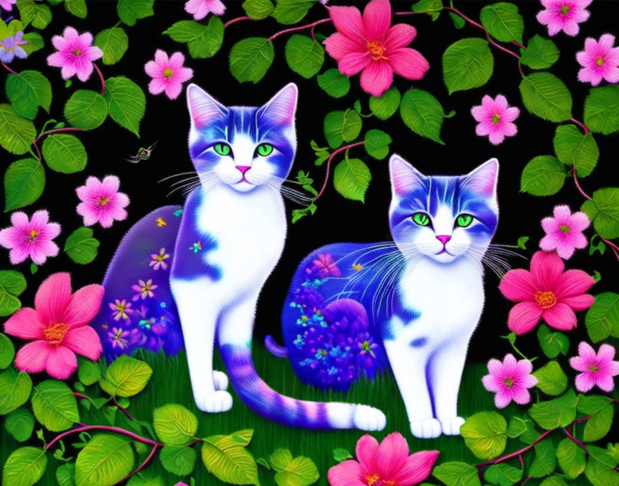 Vibrantly colored illustrated cats with floral patterns on black background