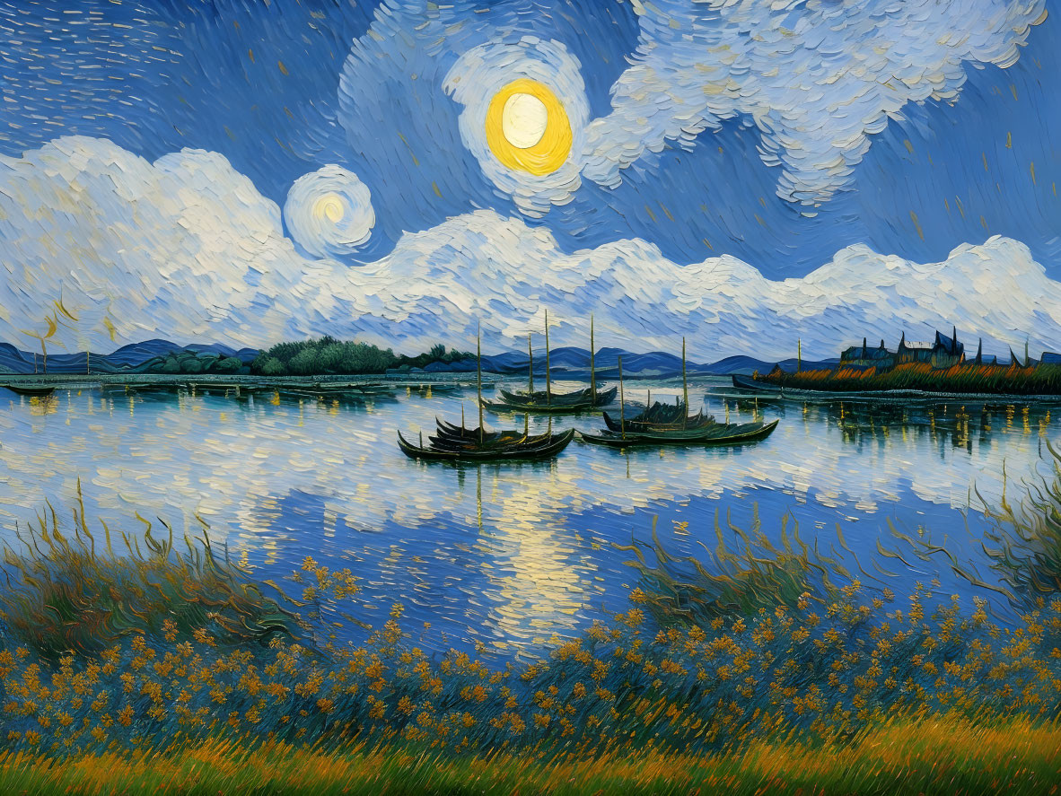 Starry Night Sky Painting: Three Boats on Tranquil Waters