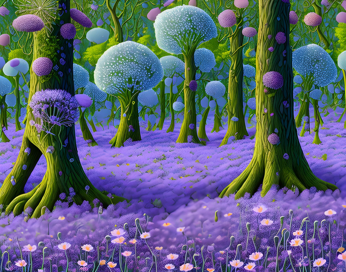 Fantasy forest with purple ground cover and teal trees under twilight sky