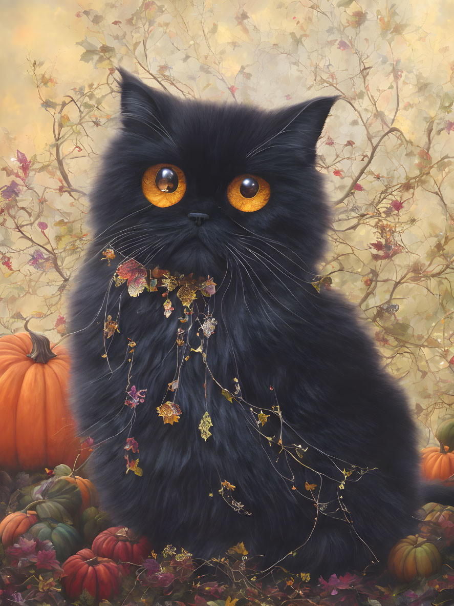 Fluffy Black Cat with Orange Eyes Among Pumpkins and Autumn Garland