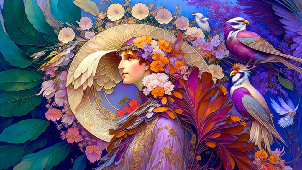 Colorful Artwork of Woman with Floral Hat and Birds