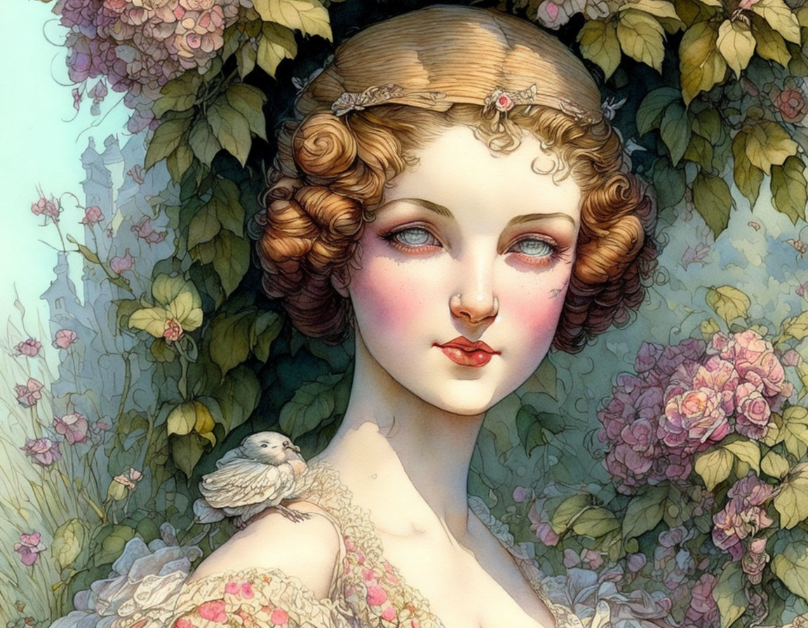 Illustration: Woman with Curly Hair, Floral Headpiece, Bird, and Blooming Roses