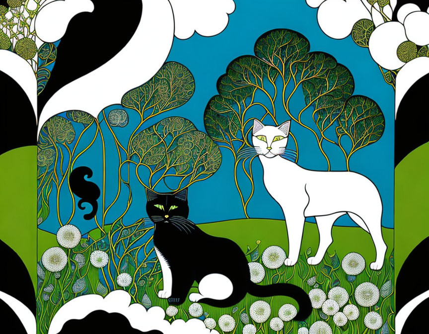 Stylized illustration of black and white cats in whimsical landscape