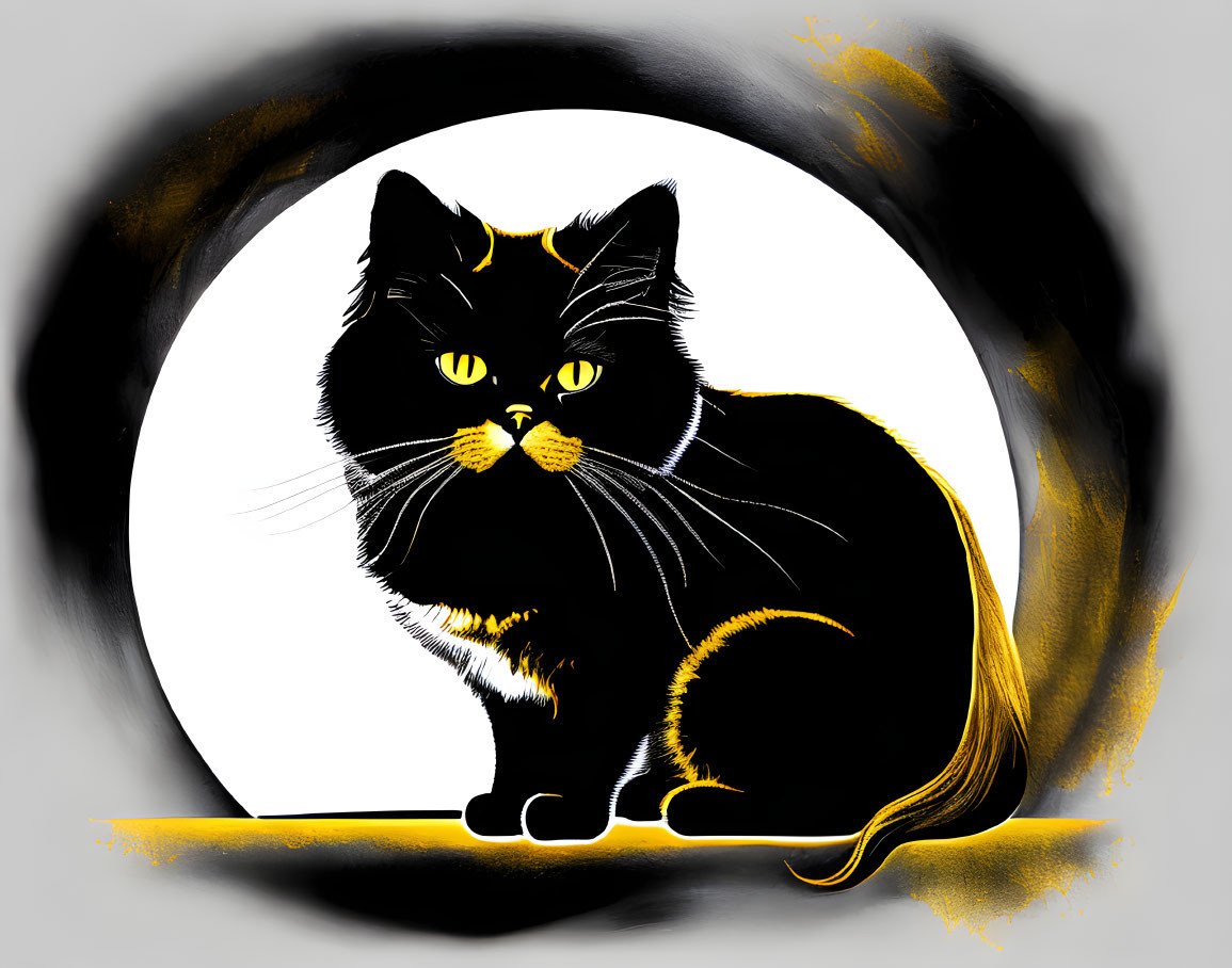 Black cat with yellow star on grey background with brush strokes