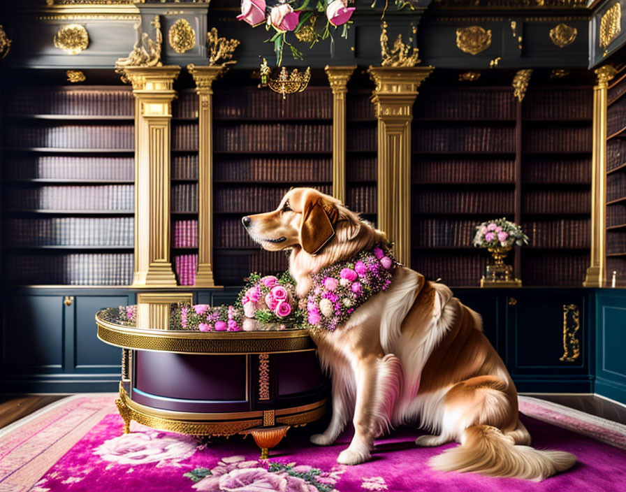 Golden Retriever with Flower Garland in Dark Paneled Room