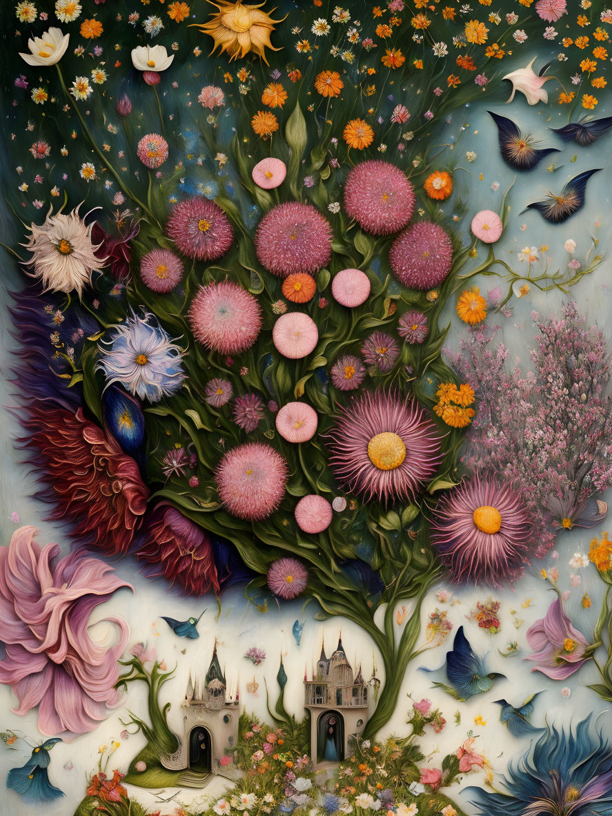 Fantasy floral painting with birds, castles, and blooming flowers