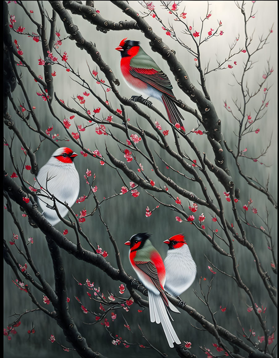 Three red cardinals on blossoming branches in misty gray scene