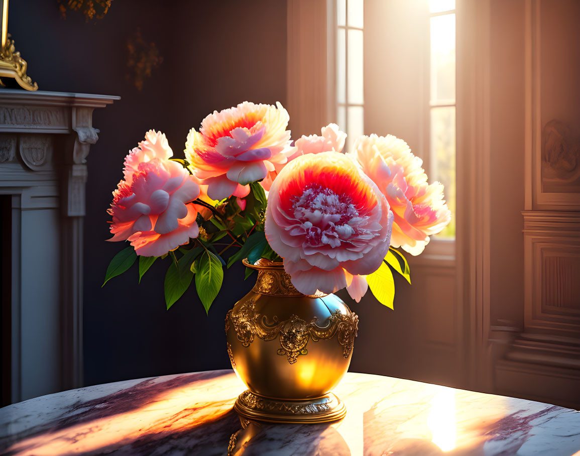 Golden Vase with Vibrant Peonies on Marble Table in Sunlit Room