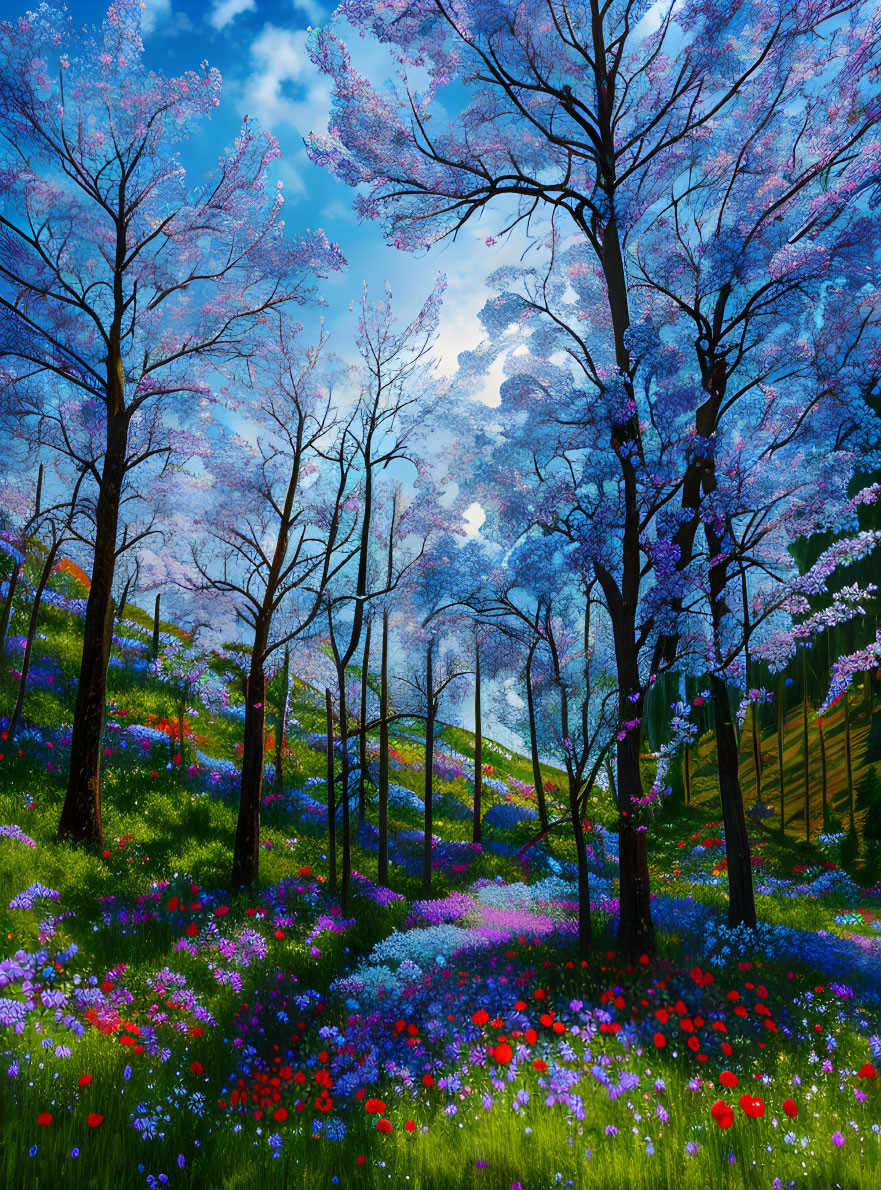 Colorful forest scene with blue and purple foliage under bright sky