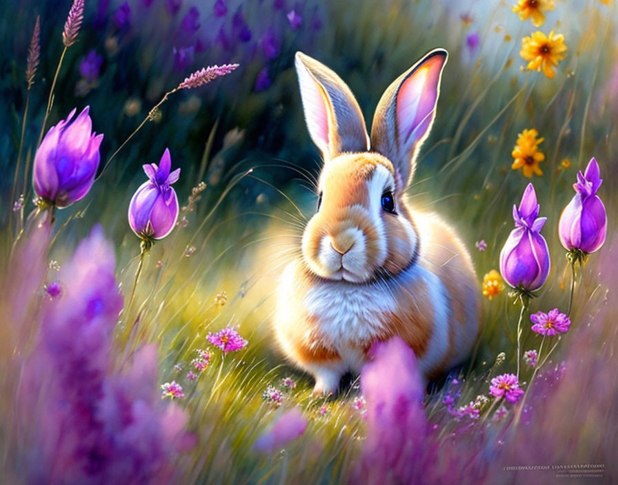 Detailed Illustration: Brown-and-White Rabbit Among Purple and Pink Flowers