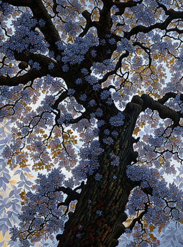 Thick trunk tree with blue flower canopy and light blue backdrop