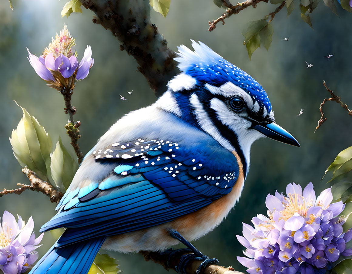 Colorful bird on branch with purple flowers and detailed feathers