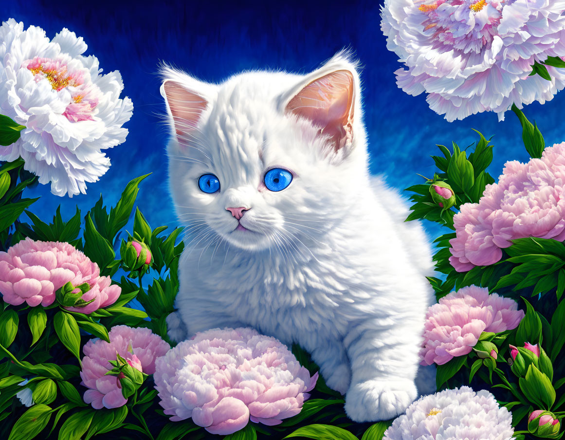 White Kitten with Blue Eyes Among Pink Peonies on Blue Background