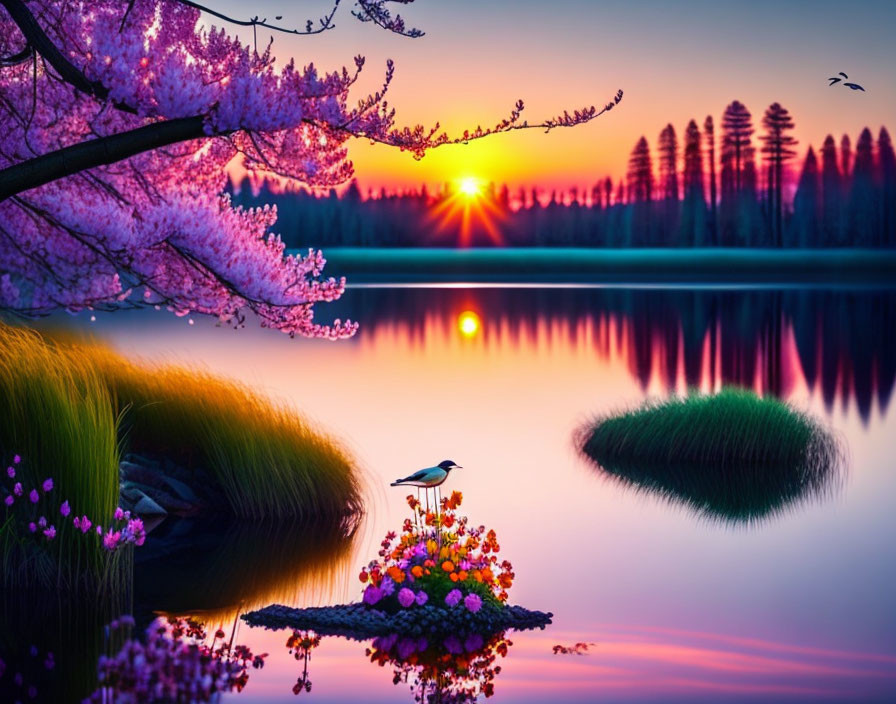 Scenic sunrise over lake with bird, flower patch, and cherry blossoms