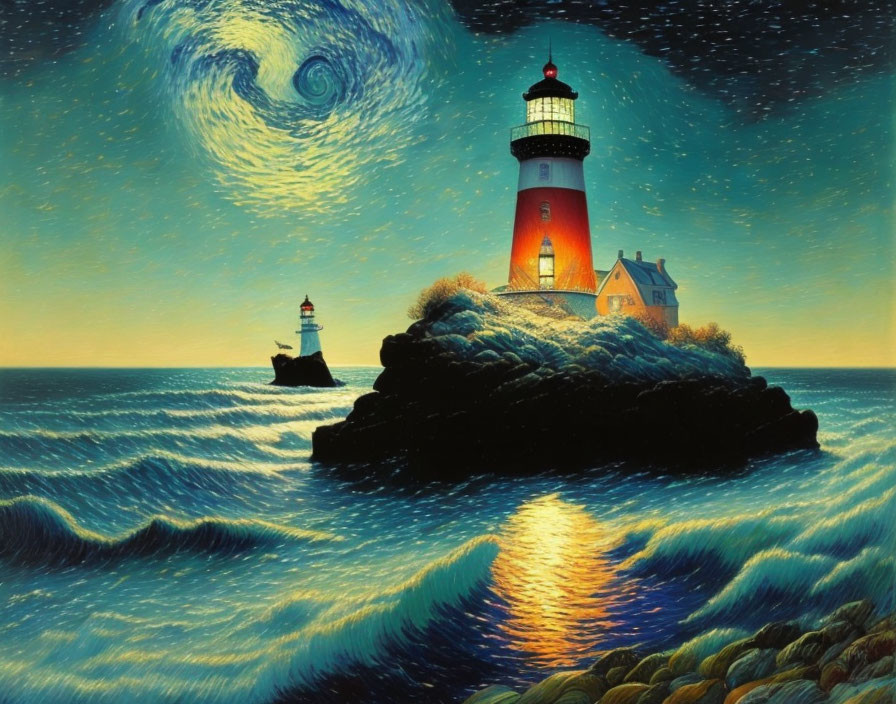 Lighthouse painting on rocky outcrop with starry sky and sunset ocean waves