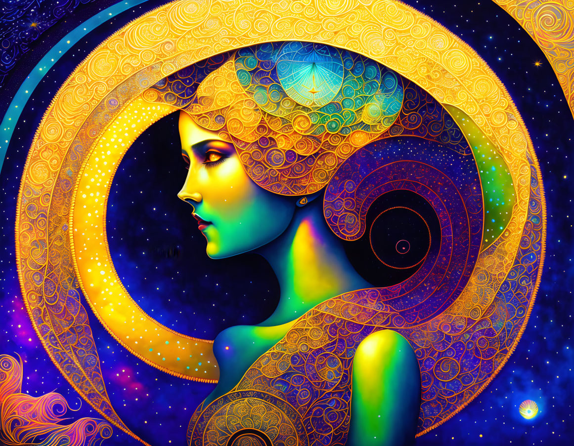 Colorful profile portrait with spiral patterns and cosmic motifs in blues, yellows, and oranges