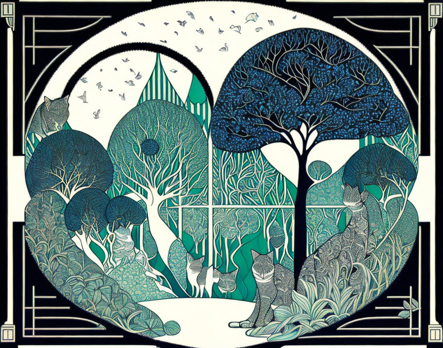 Symmetrical Art Nouveau illustration: Trees, cats, birds, intricate patterns, blue palette