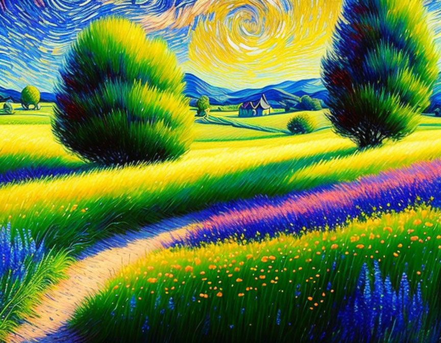 Colorful swirling sky over vibrant fields with trees and distant houses.