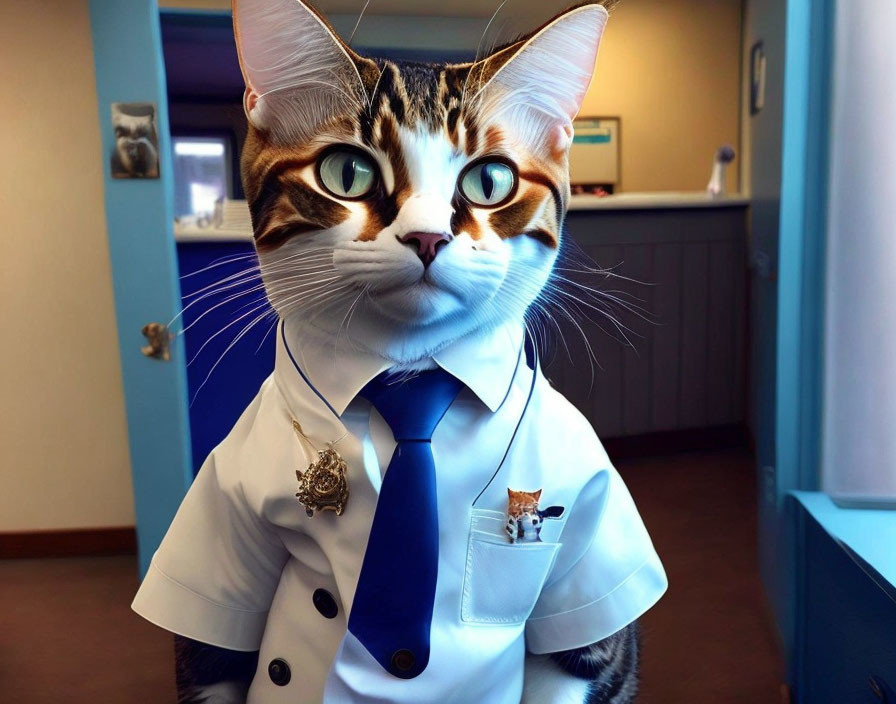 Anthropomorphic cat in lab coat with office background