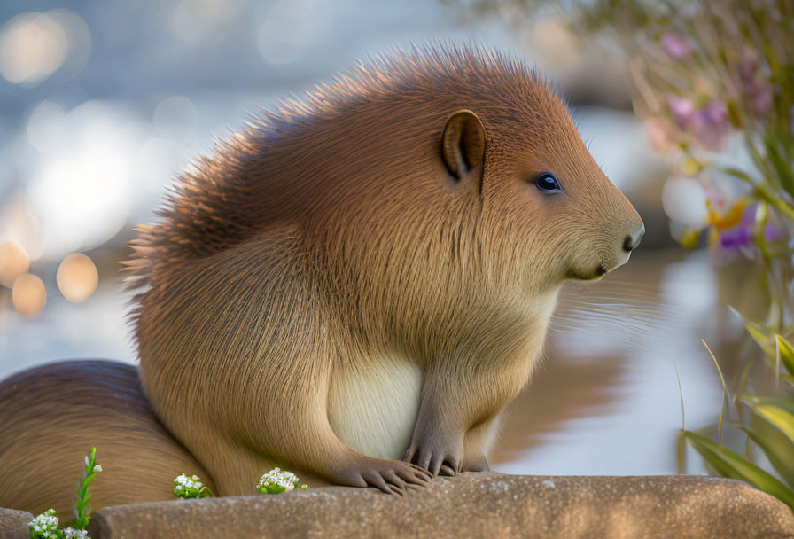 Capybara resting on rock near water with flowers and foliage in background