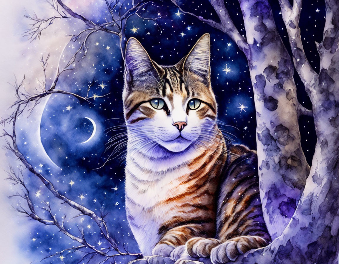 Tabby Cat Night Sky Crescent Moon Stars Trees Silhouette