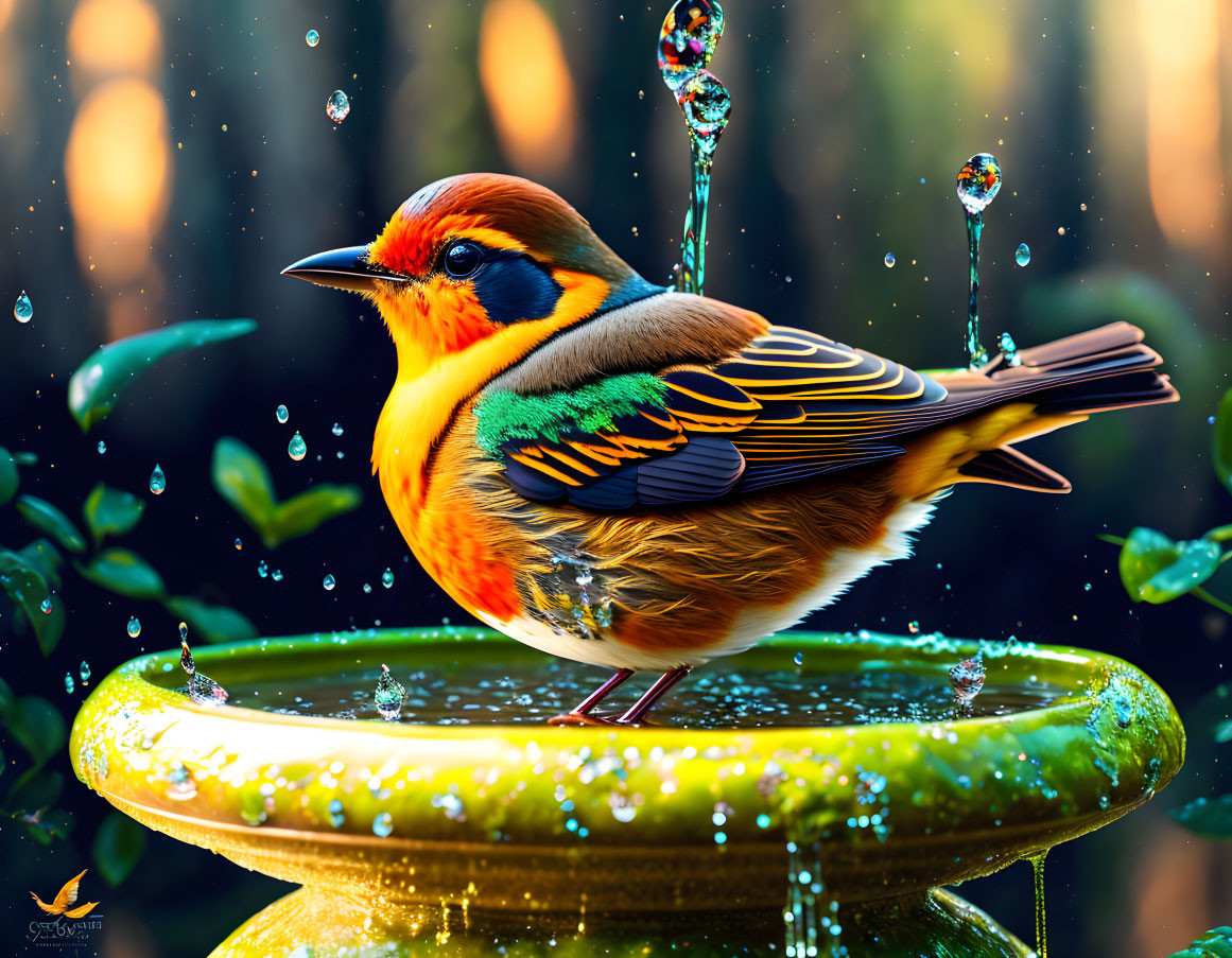 Colorful bird perched on birdbath rim with water droplets and sunlight.